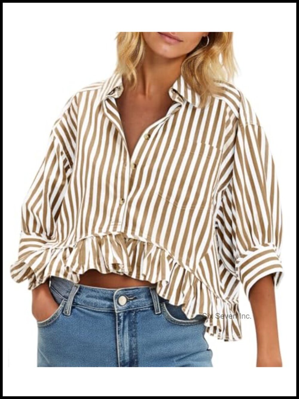 Cotton Cropped Striped Button Down Shirt Ruffle 3/4 Sleeve Work Top